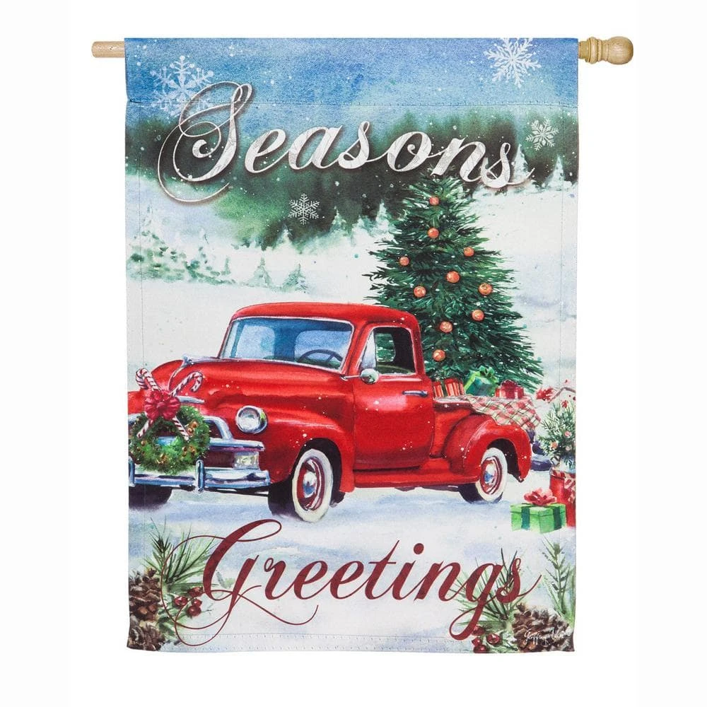 Evergreen 28 In. X 44 In. Christmas Farm Pickup House Suede Flag 1 Evergreen 28 In. X 44 In. Christmas Farm Pickup House Suede Flag
