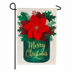 Evergreen 18 In. X 12.5 In. Poinsettia Mason Jar Garden Linen Flag