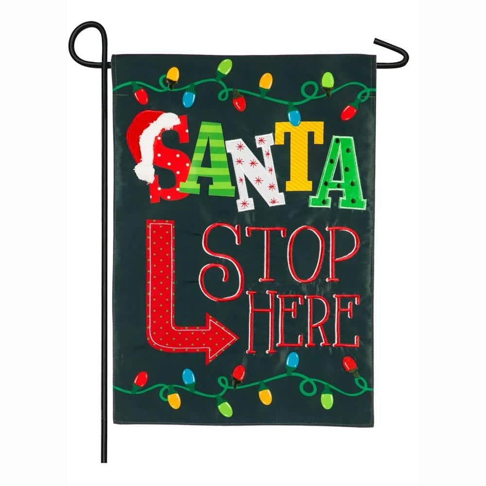 Evergreen 18 In. X 12.5 In. Santa Stop Here Garden Applique Flag 1 Evergreen 18 In. X 12.5 In. Santa Stop Here Garden Applique Flag