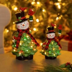 12 In. LED Ceramic Snowman With Christmas Tree Body And Cardinals Table Decor, Set Of 2 -Northlight Shop evergreen enterprises christmas centerpieces 8tal051 31 1000