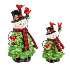 12 In. LED Ceramic Snowman With Christmas Tree Body And Cardinals Table Decor, Set Of 2