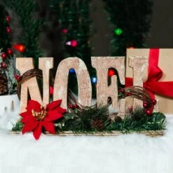 6.4 In. H X 12 In. L Wood Noel Sign With Poinsettia And Berries -Northlight Shop flora bunda christmas centerpieces ch1713e 31 1000