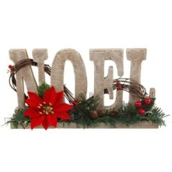 6.4 In. H X 12 In. L Wood Noel Sign With Poinsettia And Berries