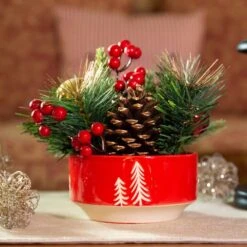 8.5 In. H Christmas Arrangement In 6 In. Red Ceramic Reverse Tree Pot With Pinecones And Berries 11 8.5 In. H Christmas Arrangement In 6 In. Red Ceramic Reverse Tree Pot With Pinecones And Berries -Northlight Shop flora bunda christmas centerpieces ch1833e rd 4f 1000