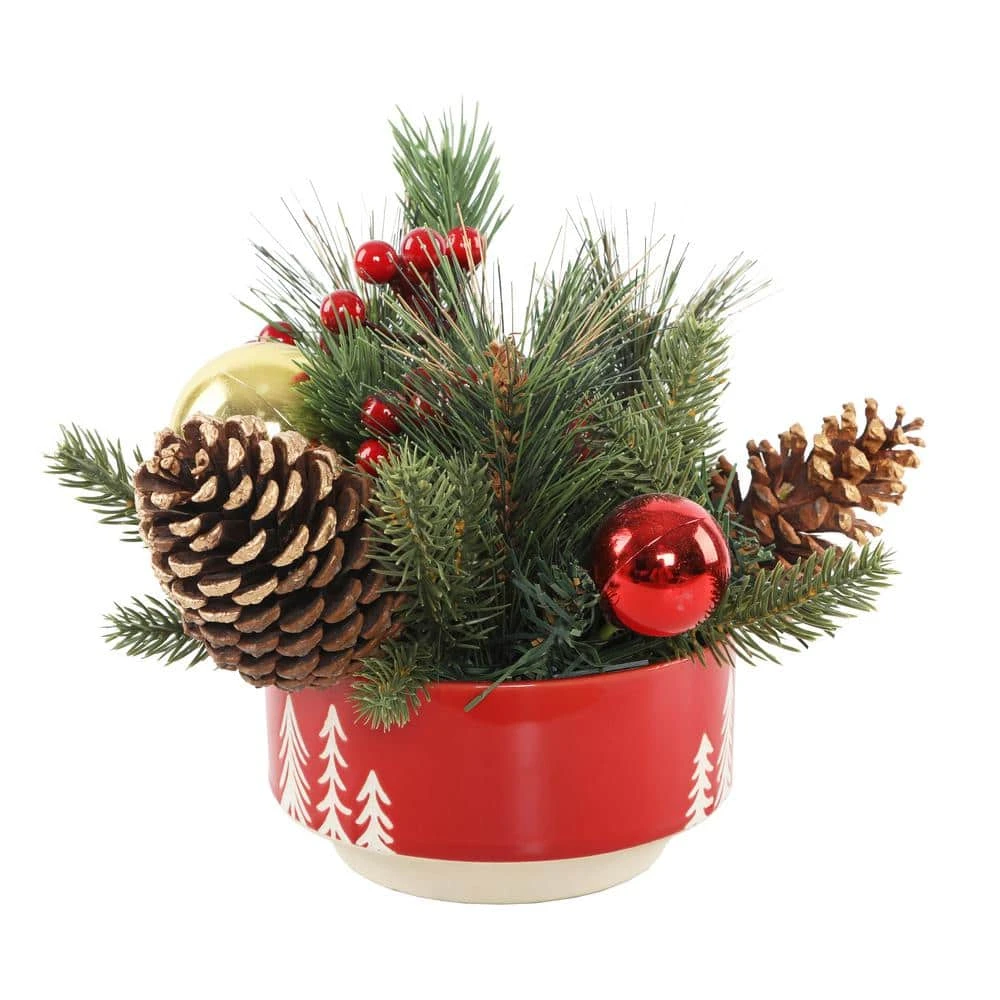 8.5 In. H Christmas Arrangement In 6 In. Red Ceramic Reverse Tree Pot With Pinecones And Berries 1 8.5 In. H Christmas Arrangement In 6 In. Red Ceramic Reverse Tree Pot With Pinecones And Berries