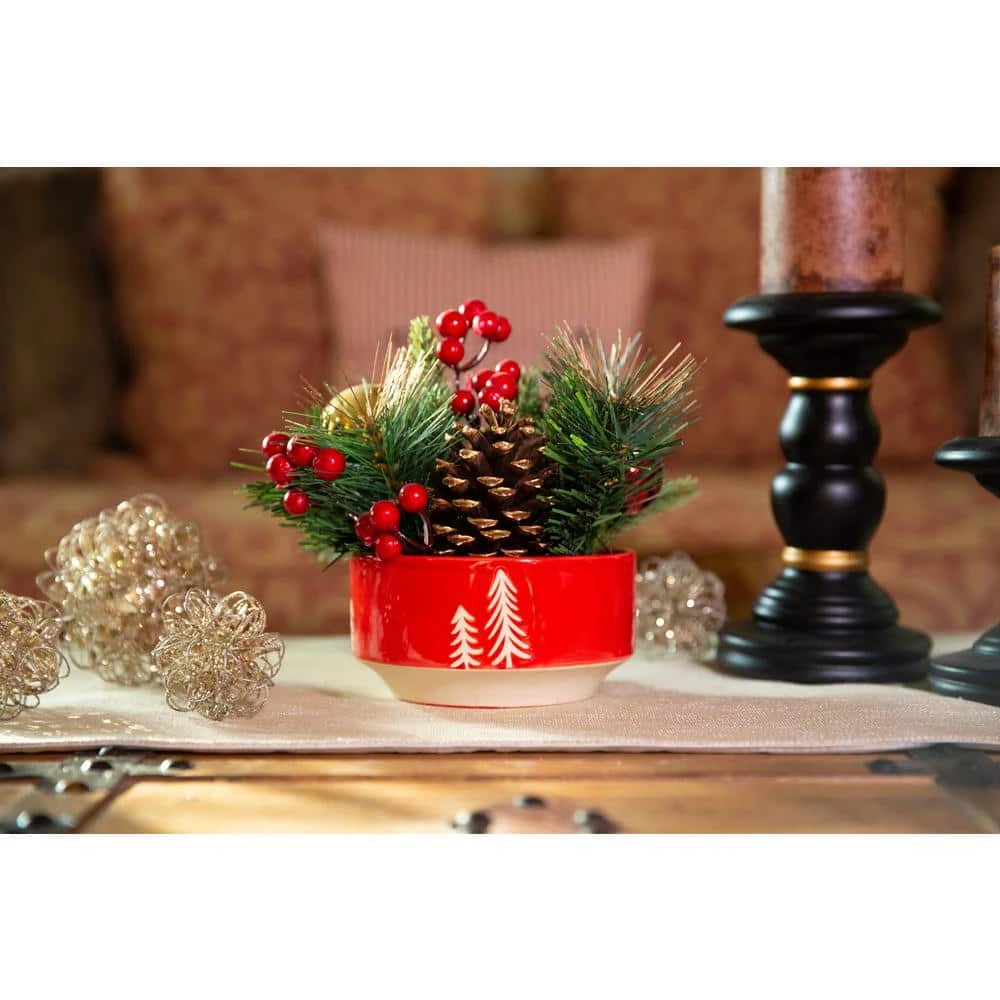 8.5 In. H Christmas Arrangement In 6 In. Red Ceramic Reverse Tree Pot With Pinecones And Berries 7 8.5 In. H Christmas Arrangement In 6 In. Red Ceramic Reverse Tree Pot With Pinecones And Berries - Image 7