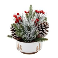 8.5 In. H Christmas Arrangement In 6 In. White Ceramic Reverse Tree Pot With Pinecones And Berries