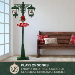 74 In. Christmas Double Street Lamp With Santa, Snowman And Music -Northlight Shop fraser hill farm christmas figurines fsl074a grn a0 1000