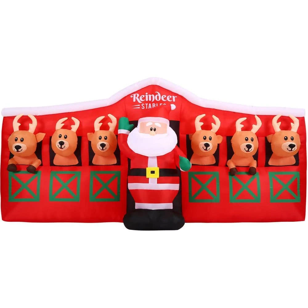 9 Ft. Wide Pre-Lit Inflatable Santa In Reindeer Stable 1 9 Ft. Wide Pre-Lit Inflatable Santa In Reindeer Stable