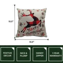 15.5 In. Buffalo Plaid Reindeer Merry Christmas Accent Pillow -Northlight Shop fraser hill farm christmas textiles fhfxmasplw wht1 40 1000