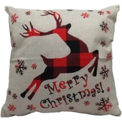 15.5 In. Buffalo Plaid Reindeer Merry Christmas Accent Pillow
