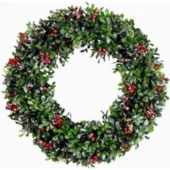 20 In. Faux Frosted Boxwood Artificial Christmas Wreath With Red Berries