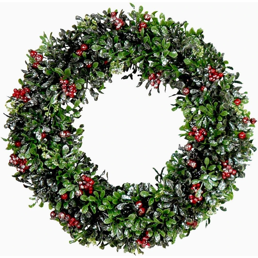 20 In. Faux Frosted Boxwood Artificial Christmas Wreath With Red Berries 1 20 In. Faux Frosted Boxwood Artificial Christmas Wreath With Red Berries