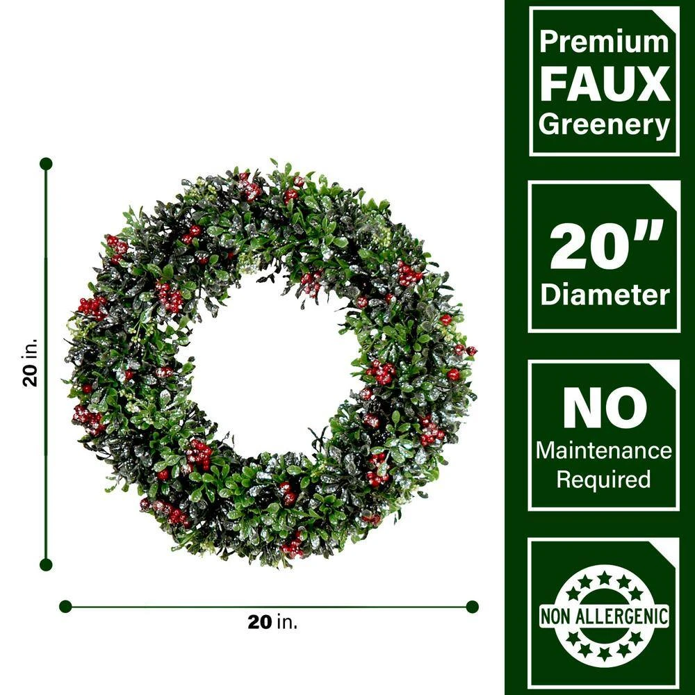 20 In. Faux Frosted Boxwood Artificial Christmas Wreath With Red Berries 4 20 In. Faux Frosted Boxwood Artificial Christmas Wreath With Red Berries - Image 4