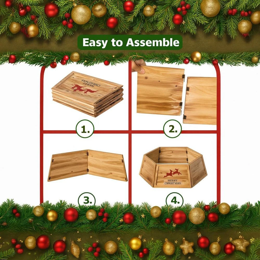 Natural Wood Christmas Tree Collar With Deer Pattern Panels Foldable Ring Box Cover And Festive Base Wrap 4 Natural Wood Christmas Tree Collar With Deer Pattern Panels Foldable Ring Box Cover And Festive Base Wrap - Image 4