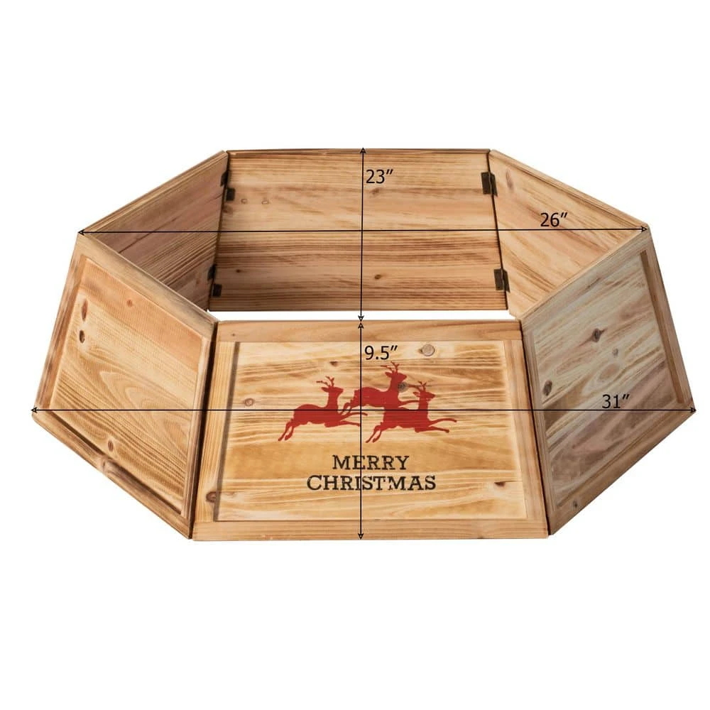 Natural Wood Christmas Tree Collar With Deer Pattern Panels Foldable Ring Box Cover And Festive Base Wrap 6 Natural Wood Christmas Tree Collar With Deer Pattern Panels Foldable Ring Box Cover And Festive Base Wrap - Image 6