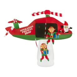 8 Ft Pre-Lit LED Animated Santa And Elves In Helicopter Scene Christmas Inflatable