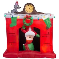 5 Ft. W X 5.6 Ft. H Inflatable Santa's Head Popping Down At Fireplace Scene
