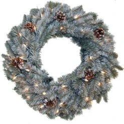 24 In. Pre Lit Siberian Artificial Wreath With Clear Lights And Pine Cones