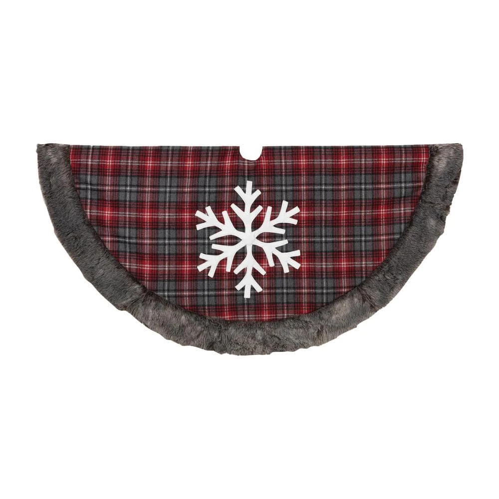 48 In. D Christmas Buffalo Plaid Tree Skirt With Snowflake 1 48 In. D Christmas Buffalo Plaid Tree Skirt With Snowflake