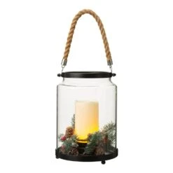 8.5 In. H Christmas Greenery Glass Lantern With Candles