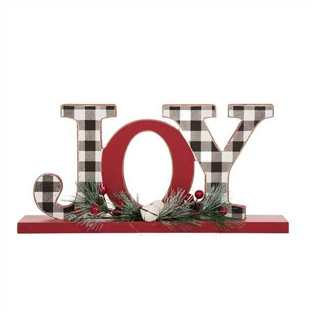 11 In. L Wooden Christmas Plaid JOY Table Decor 1 11 In. L Wooden Christmas Plaid JOY Table Decor
