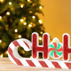 5 In. H Christmas Wooden Epoxy HOHOHO Candy Cane Table Decor -Northlight Shop glitzhome christmas figurines 2009900066 1f 1000