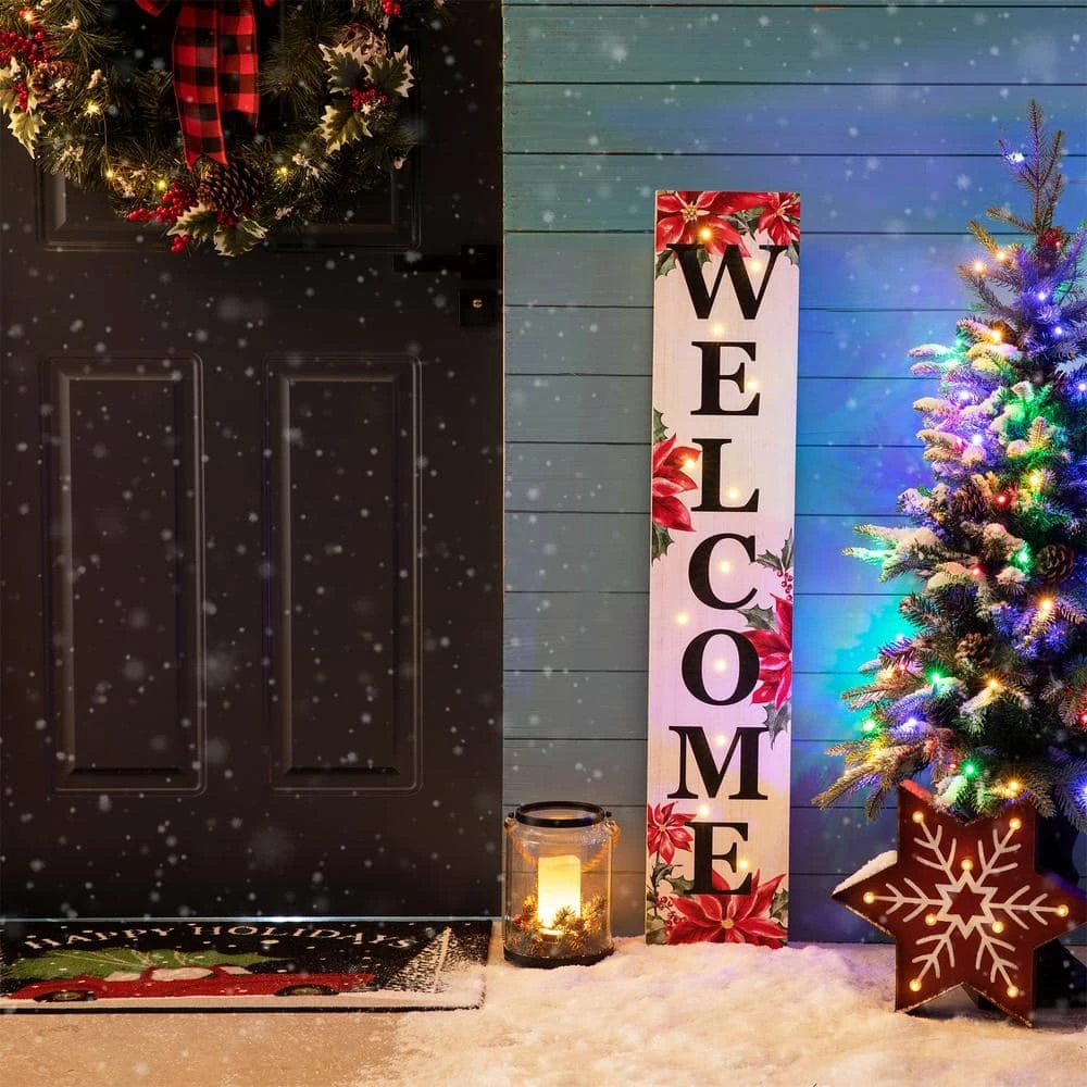 42 In. H Lighted Wooden Poinsettia WELCOME Porch Sign 1 42 In. H Lighted Wooden Poinsettia WELCOME Porch Sign