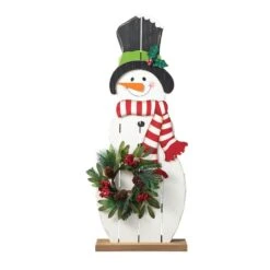 36 In. H Christmas Wooden/Metal Snowman Porch Decor With Floral Wreath (KD)
