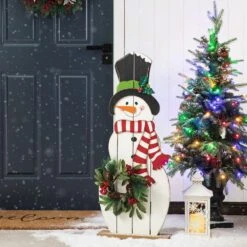 36 In. H Christmas Wooden/Metal Snowman Porch Decor With Floral Wreath (KD) -Northlight Shop glitzhome christmas figurines 2010100074 77 1000