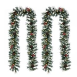 2-Pack 9 Ft. Pre-Lit Greenery Pine Cones AndRed Berries Artificial Christmas Garland, With 50 White Lights With Timer
