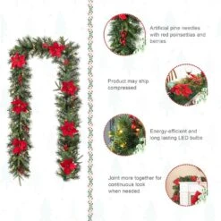 9 Ft. L Pre-Lit Greenery Pine Poinsettia And Red Berries Christmas Garland, With 70 Warm White Lights And Timer -Northlight Shop glitzhome christmas garland 2016000027 4f 1000