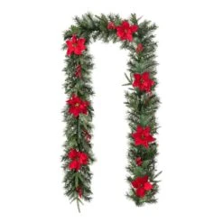 9 Ft. L Pre-Lit Greenery Pine Poinsettia And Red Berries Christmas Garland, With 70 Warm White Lights And Timer