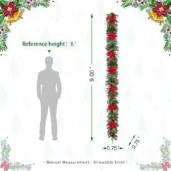 9 Ft. L Pre-Lit Greenery Pine Poinsettia And Red Berries Christmas Garland, With 70 Warm White Lights And Timer -Northlight Shop glitzhome christmas garland 2016000027 c3 1000