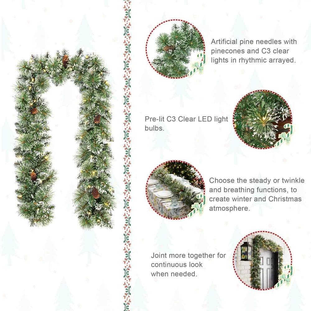 6 Ft. Pre-Lit Frosted Greenery Pinecones Christmas Garland, With 35 C3 Clear LED Lights And Timer (Set Of 4) 4 6 Ft. Pre-Lit Frosted Greenery Pinecones Christmas Garland, With 35 C3 Clear LED Lights And Timer (Set Of 4) - Image 4