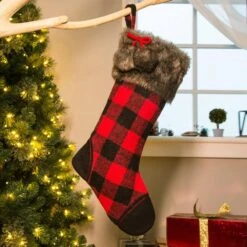 21 In. H Black/Red Polyester Fur Buffalo Plaid Christmas Stocking -Northlight Shop glitzhome christmas stockings 1113202573 31 1000