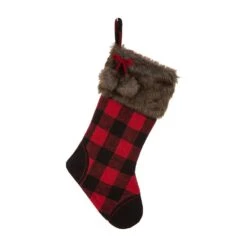 21 In. H Black/Red Polyester Fur Buffalo Plaid Christmas Stocking
