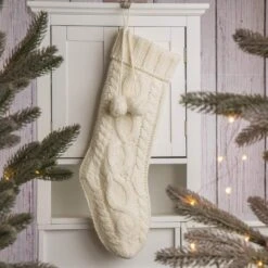 24 In.H Knitted Polyester Christmas Stocking With Pom Ball-White -Northlight Shop glitzhome christmas stockings 1113202580 31 1000