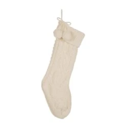 24 In.H Knitted Polyester Christmas Stocking With Pom Ball-White