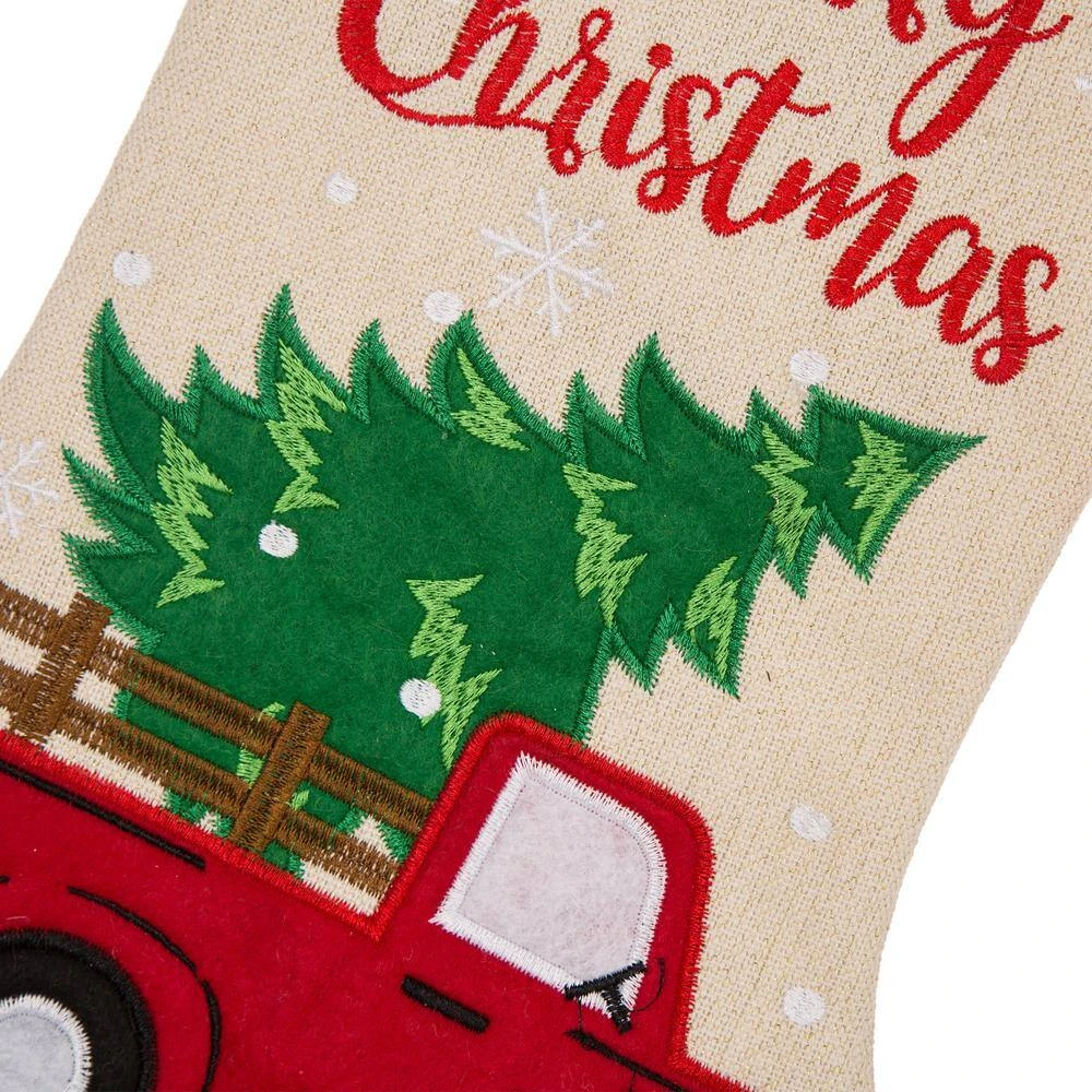 21 In. L Embroidered Linen Christmas Stocking - Red Truck 4 21 In. L Embroidered Linen Christmas Stocking - Red Truck - Image 4