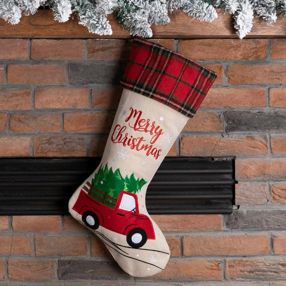 21 In. L Embroidered Linen Christmas Stocking - Red Truck 8 21 In. L Embroidered Linen Christmas Stocking - Red Truck - Image 8