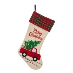 21 In. L Embroidered Linen Christmas Stocking - Red Truck
