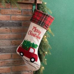 21 In. L Embroidered Linen Christmas Stocking - Red Truck 14 21 In. L Embroidered Linen Christmas Stocking - Red Truck -Northlight Shop glitzhome christmas stockings 1113203054 d4 1000