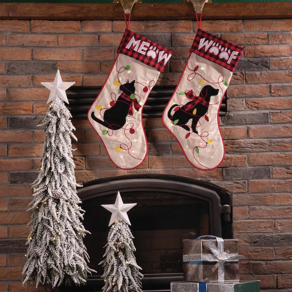 21 In. L LED Embroidered Linen Christmas Stocking - Cat 8 21 In. L LED Embroidered Linen Christmas Stocking - Cat - Image 8