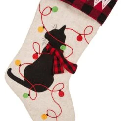21 In. L LED Embroidered Linen Christmas Stocking - Cat 12 21 In. L LED Embroidered Linen Christmas Stocking - Cat -Northlight Shop glitzhome christmas stockings 1113203058 44 1000