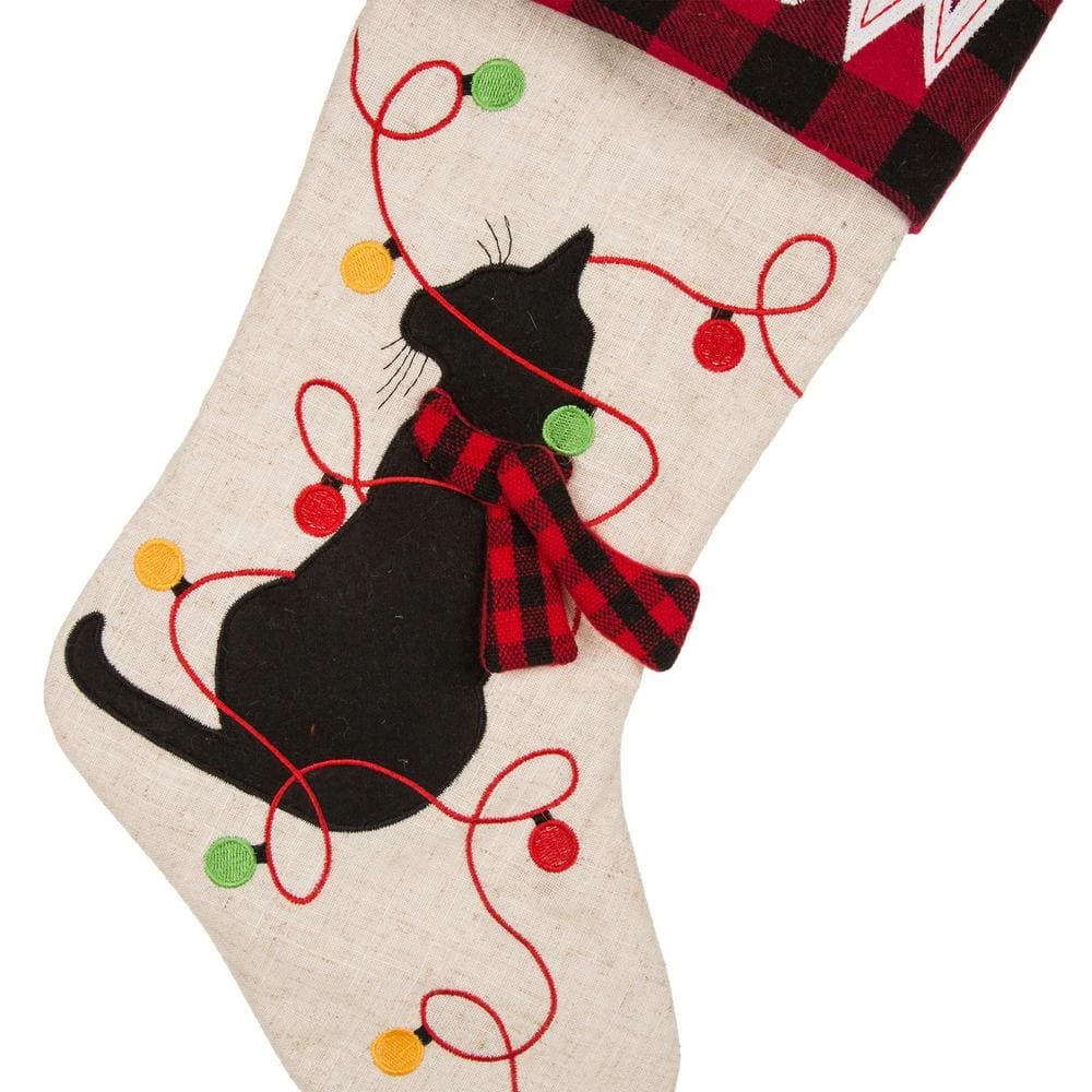 21 In. L LED Embroidered Linen Christmas Stocking - Cat 5 21 In. L LED Embroidered Linen Christmas Stocking - Cat - Image 5