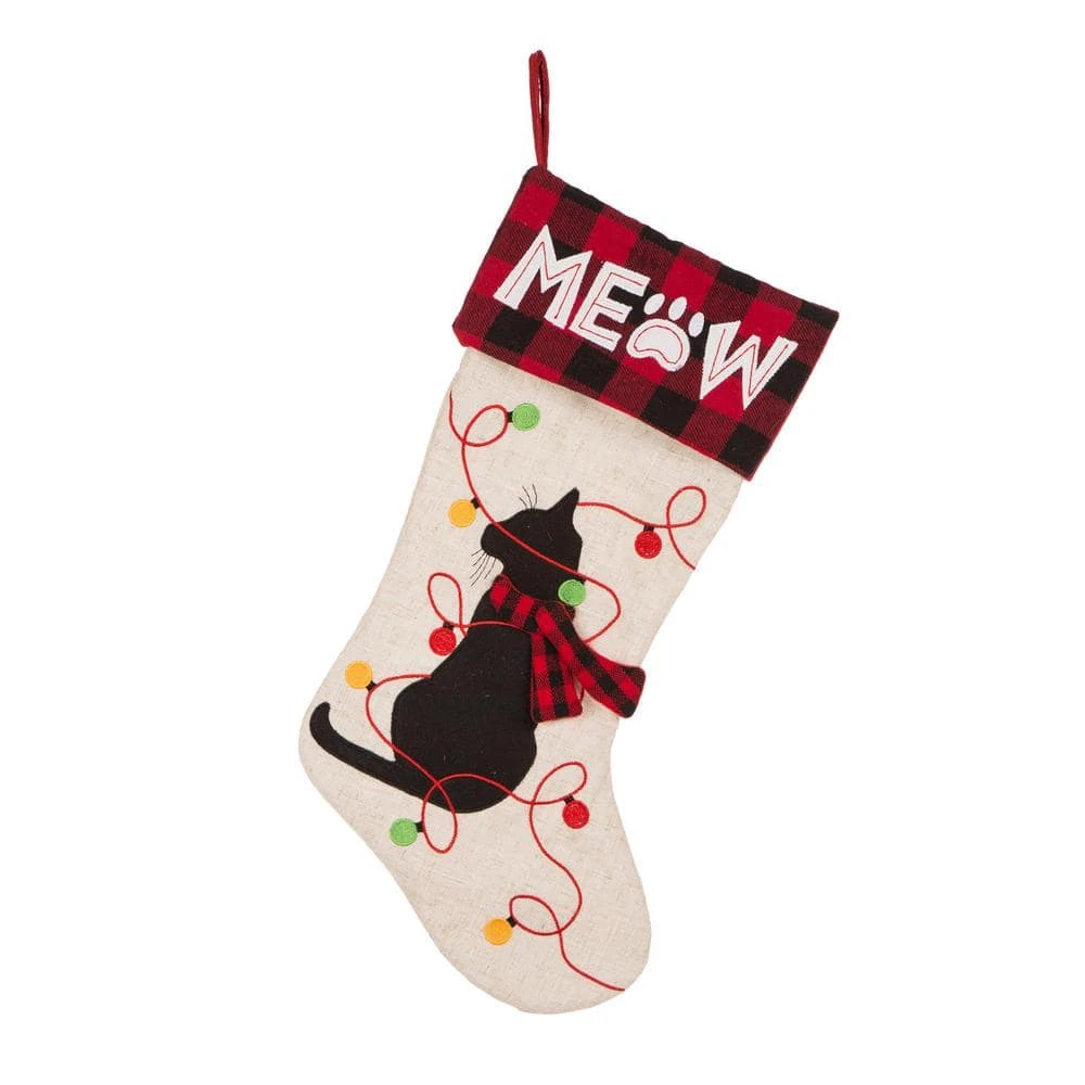 21 In. L LED Embroidered Linen Christmas Stocking - Cat 2 21 In. L LED Embroidered Linen Christmas Stocking - Cat - Image 2