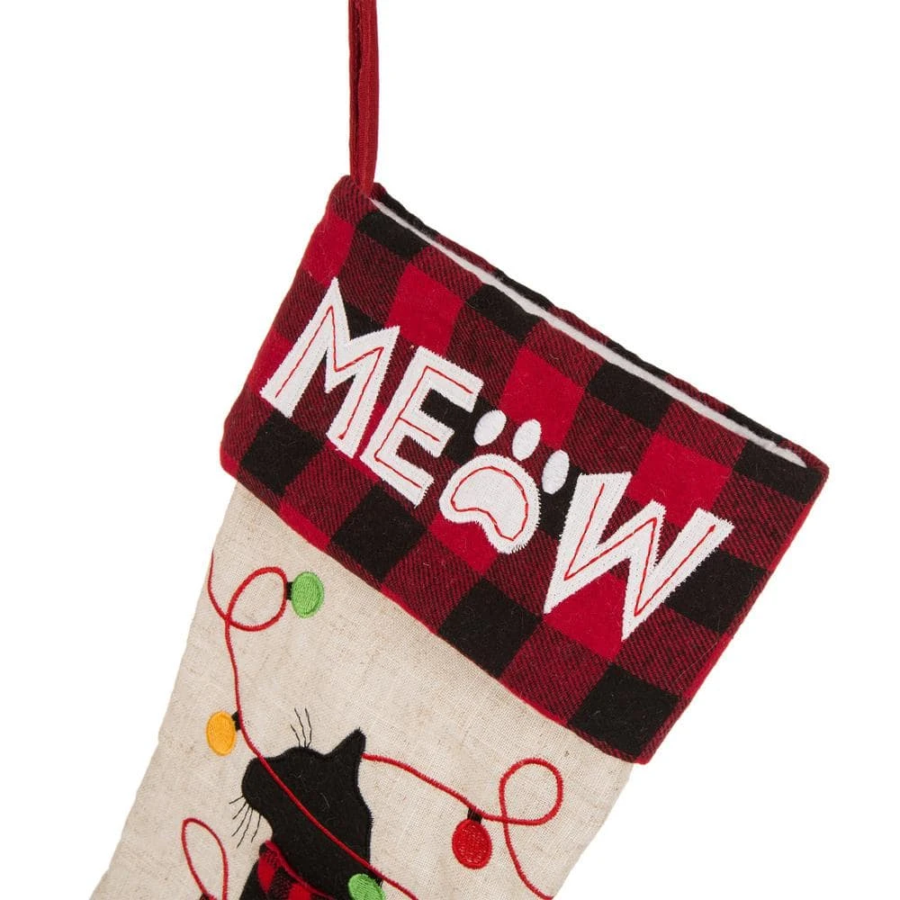 21 In. L LED Embroidered Linen Christmas Stocking - Cat 6 21 In. L LED Embroidered Linen Christmas Stocking - Cat - Image 6