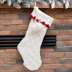 22 In. L Knitted Polyester White Christmas Stocking With Red Trim And Pompom -Northlight Shop glitzhome christmas stockings 1113203193 31 1000