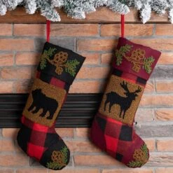 19 In. Acrylic Plaid Stocking With Rug Hooked Reindeer And Bear (Set Of 2) 15 19 In. Acrylic Plaid Stocking With Rug Hooked Reindeer And Bear (Set Of 2) -Northlight Shop glitzhome christmas stockings 2004700018 31 1000